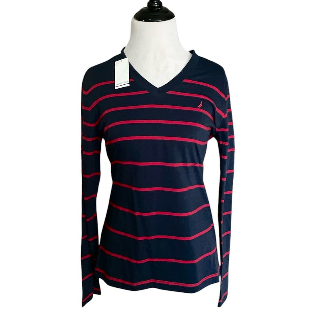 NWT NAUTICA blue and red striped long sleeve top in Holiday ‘12 size MED new